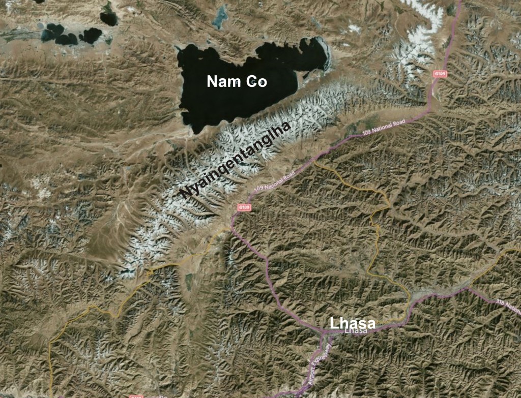 The Nyainqentanglha range with Nam Co lake to the north, Lhasa city to the south.