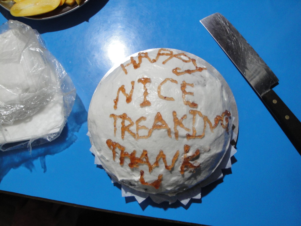 Photo 6. A cake baked for the trek-ending final meal. 'Happy nice treaking' indeed. (Photo credit – K.Larson)