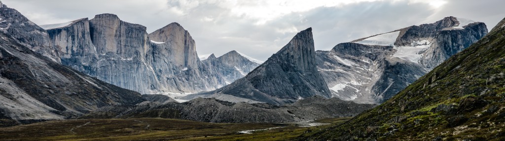 The view from camp of the soaring granite walls that make up most of Baffin Island.