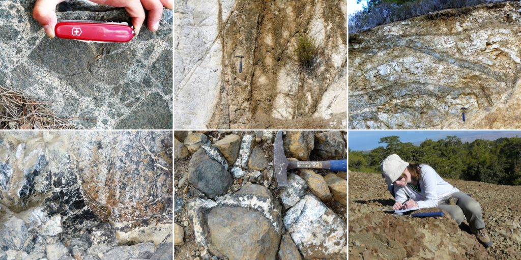 Starting top left, clockwise: plagiogranite magma brecciating a mafic rock; a hydrothermal feeder zone through altered rock; sub-horizontal sheeted dykes; chromitite seam inside an abandoned mine; gabbro pegmatite vein network; Hagit taking notes on a huge pile of olivine: dunite rock.