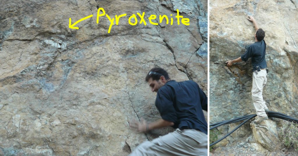 Bar, the tallest of the group, risking his skeletal health while attempting to retrieve an impressive pyroxenite vein.