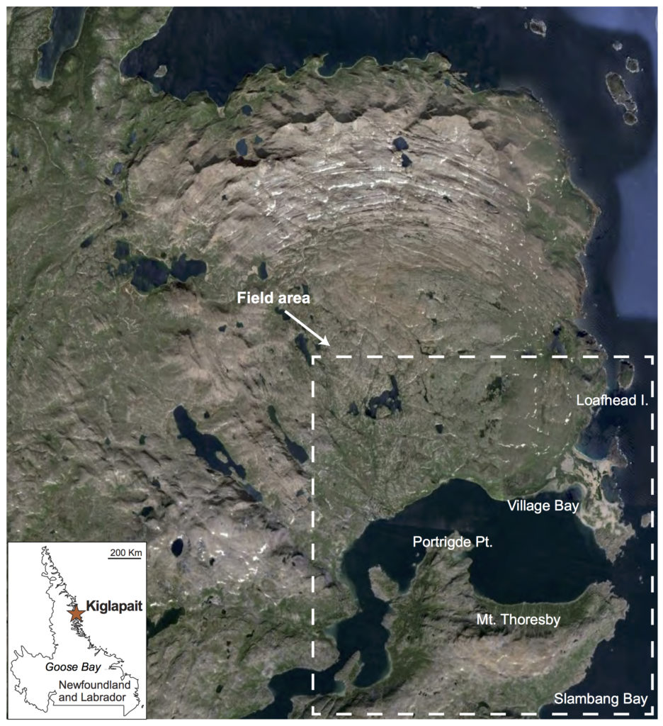 Figure 1: Google Earth view of the Kiglapait intrusion and location of the field area. Inset: Location of the Kiglapait in Labrador, Canada. The Kiglapait intrusion is part of the Proterozoic anorthositic Nain Plutonic Suite.