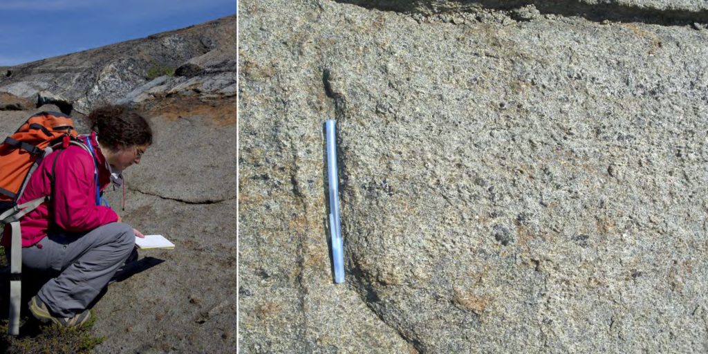 Figure 13: On the left, the author looking for the transition zone. Photo Credit: Dominique Weis. On the right, transition from Lower zone at the bottom to Upper Zone at the top of the picture. In the middle, you can see the appearance of increasing amounts of interstitial clinopyroxene between the plagioclase and olivine of the troctolite.