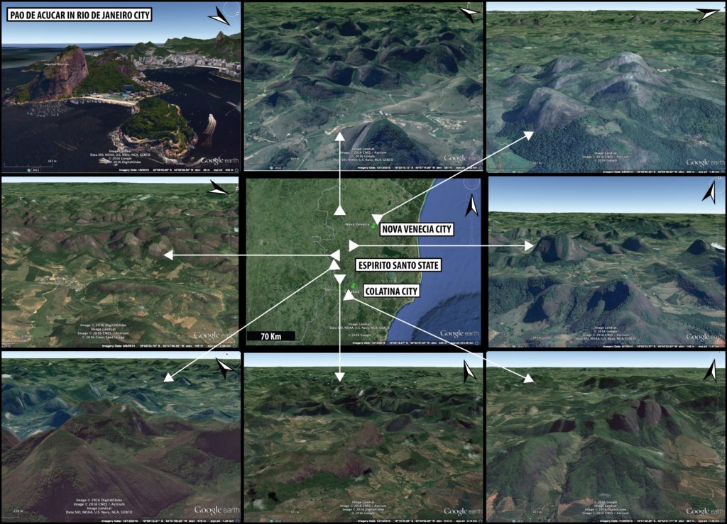 Figure 1 – The granitic ocean inland of Brazil shown by Google Earth images. The first figure shows the Pão de Açúcar, located in Rio de Janeiro city, for comparison. The central picture is a map that encompasses my study area, in-between the cities of Nova Venécia e Colatina, in the Espírito Santo State, Brazil. All other figures show the location of some of the largest concentrations of granitic batoliths within this area.