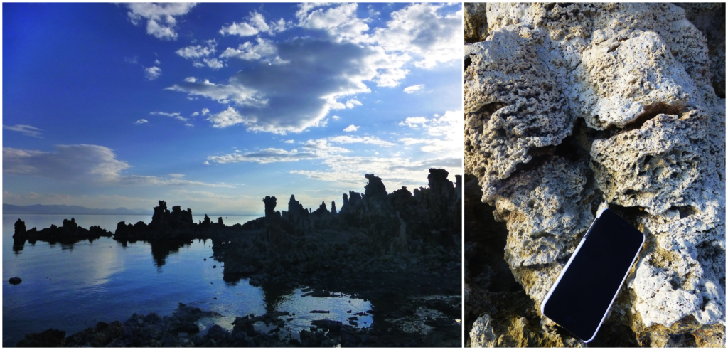 Mono Lake travertine pinnacles at sunrise, and a close-up, showing porosity