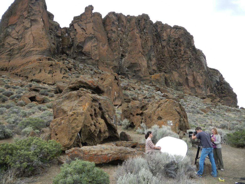  Dr. Mariek Schmidt being interviewed by the Discovery Channel in front of the Fort Rock tuff ring. Photo by Matthew Nikitczuk.