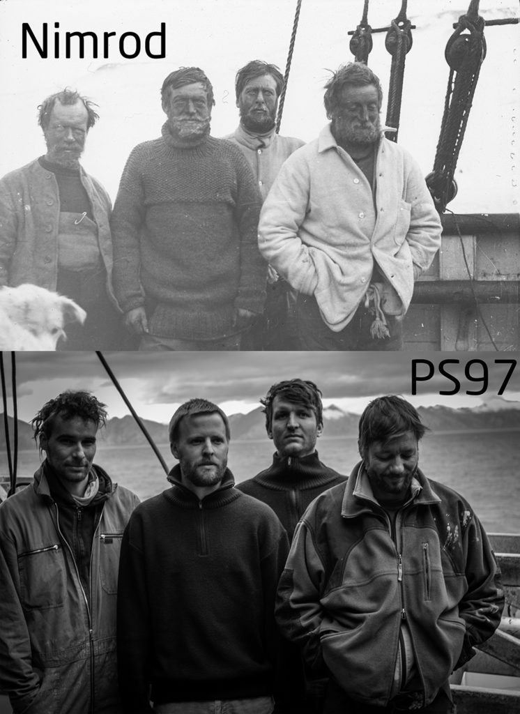 Commemorating the epic journey of Shackleton and his men, we staged a picture from one of his earlier expeditions. Top: Shackleton (2nd to the left) and his men aboard the Nimrod (© Archive for German Polar Research; S4F No. 49). Bottom: Simon Schröder (AWI), Thomas Ronge (AWI), Marc Wengler (AWI) and Sascha Plewe (IOW) (©Thomas Ronge).