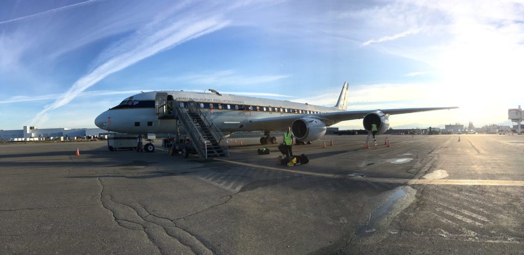 On August 3, NASA’s DC-8 flying laboratory prepared for takeoff from Anchorage, Alaska en route to Hawaii as part of the Atmospheric Tomography (ATom) mission’s global survey of the atmosphere. Credit: Roisin Commane