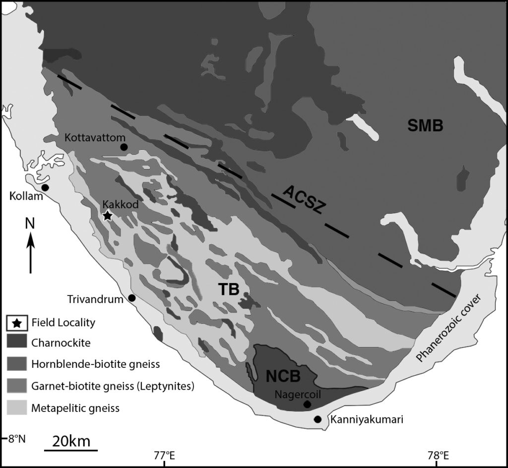 Map of the Southern Granulite Terrane with field locations marked (Figure 1. of Blereau et al., 2016)