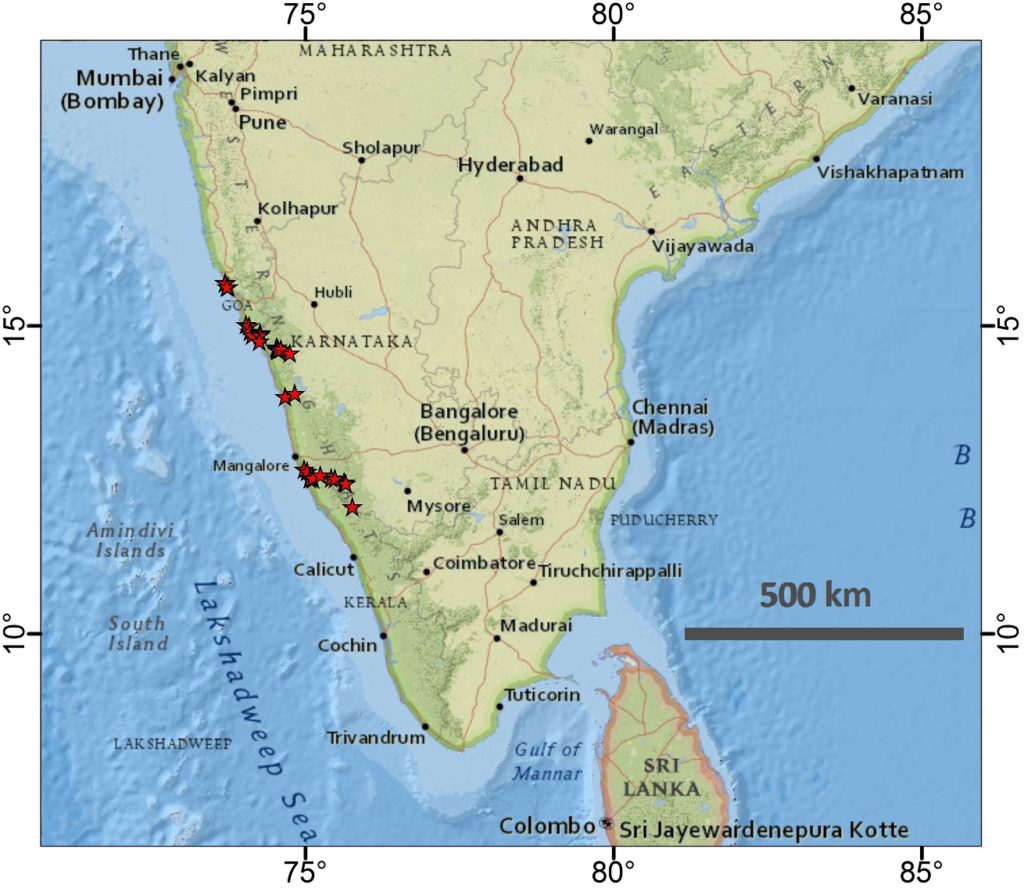 Photo 1: Map of southern India with our collected samples indicated by red stars.