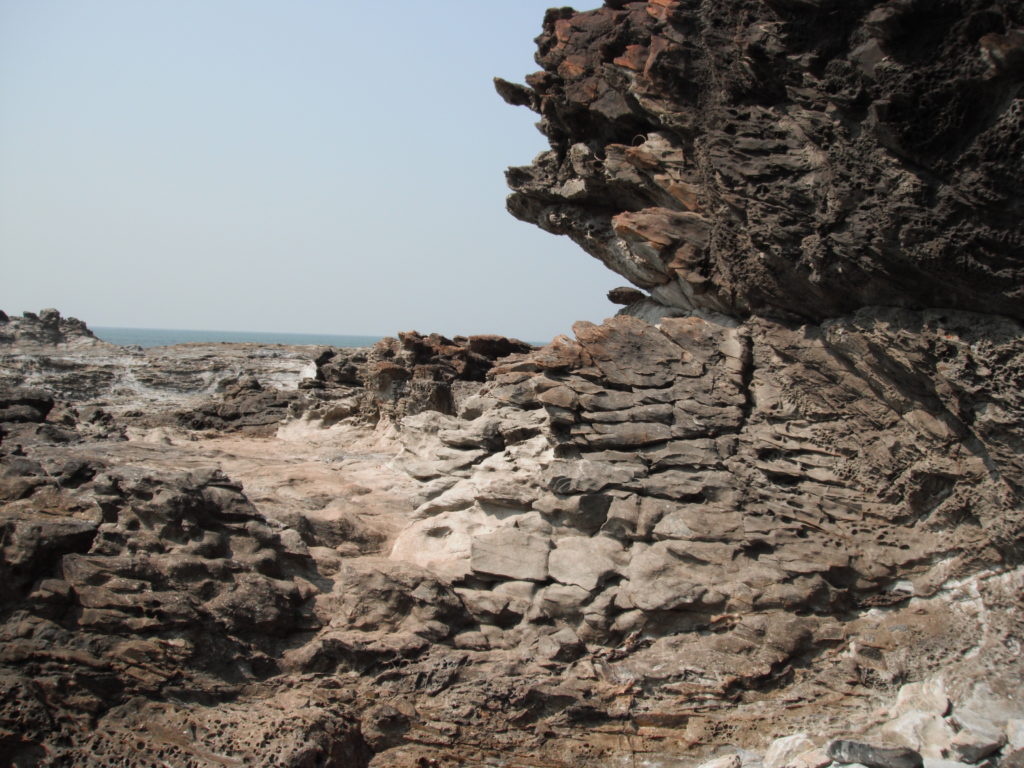 Sandstone outcropping at the beach in Goa. We accidentally stumbled upon several nudist sun-bathers while trying to find good outcrop along the beaches.