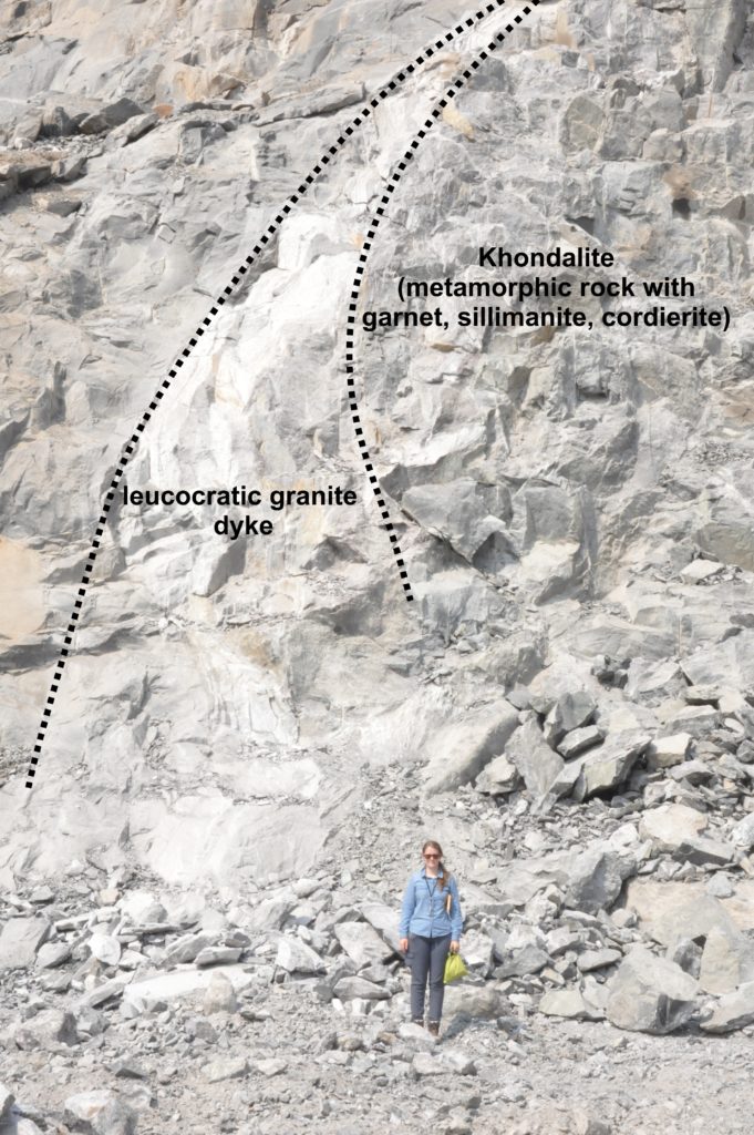 Quarries are great for getting a sense of larger scale variations in rock types or structural trends. In this quarry we could see an intrusive dyke into the Khondalite country rock. Photo: Alan Collins