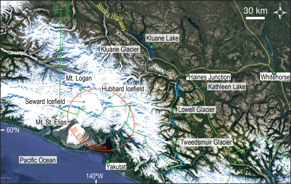 Google Earth image of the St. Elias Mountains with location names mentioned in the text.