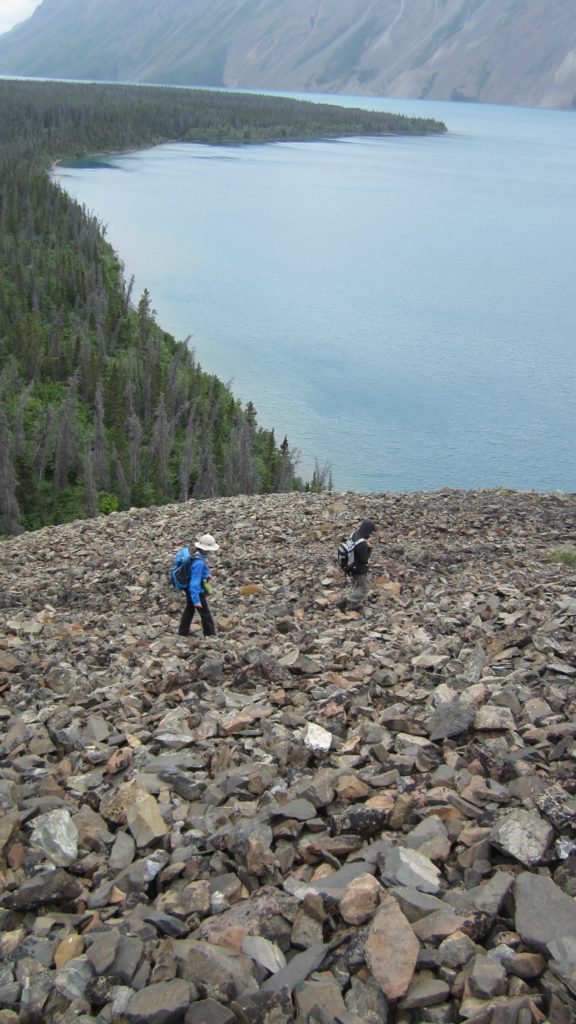 Eva and Philipp traversing moraine material at Kathleen Lake.