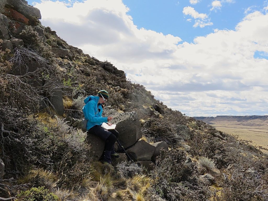 The author at work in a landscape dominated by basalt plateaus (thanks to Davide for the photo).