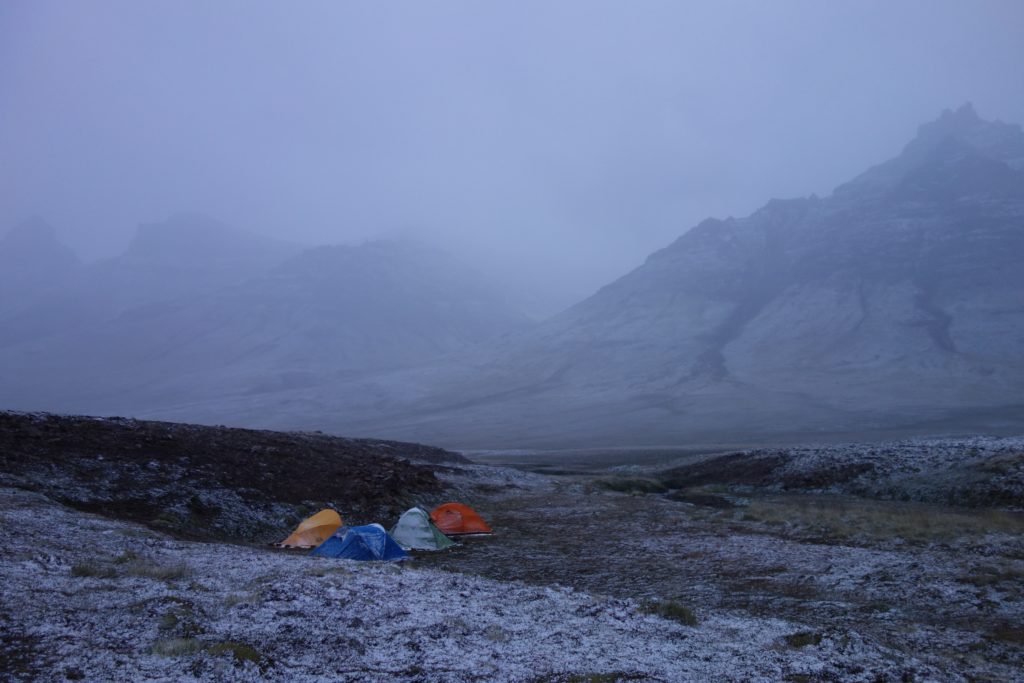 Our wildest and coldest campsite, which we walked in to carrying all our supplies for a few days. We awoke to find the rain had turned to snow overnight.