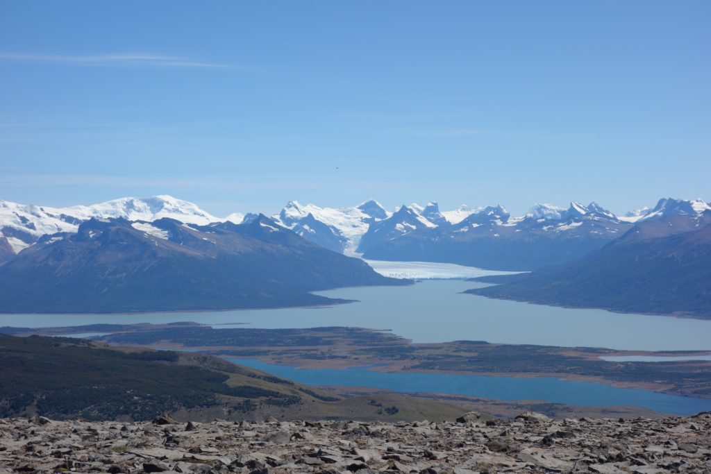 A landscape shaped by glaciers. Here the enormous Glaciar Perito Moreno flows into Lago Argentino. The distinctive blue colour of glacial lakes is due to suspended fine sediment produced by the powerful erosive force of the glacier.