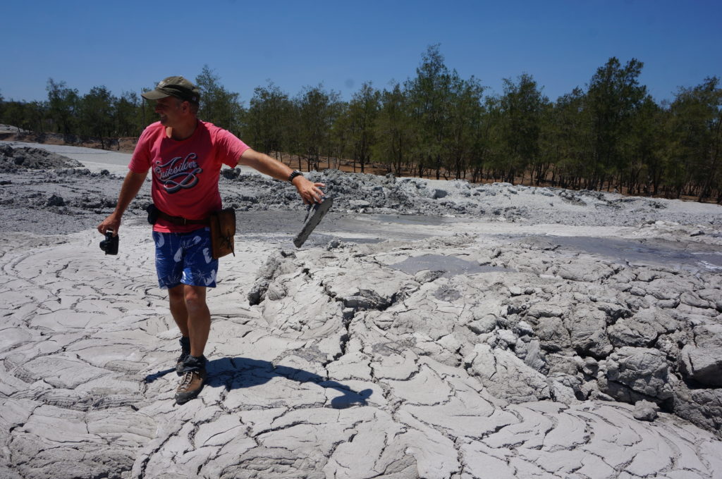 Steve braves the mud volcano to retrieve the nearly-lost thong