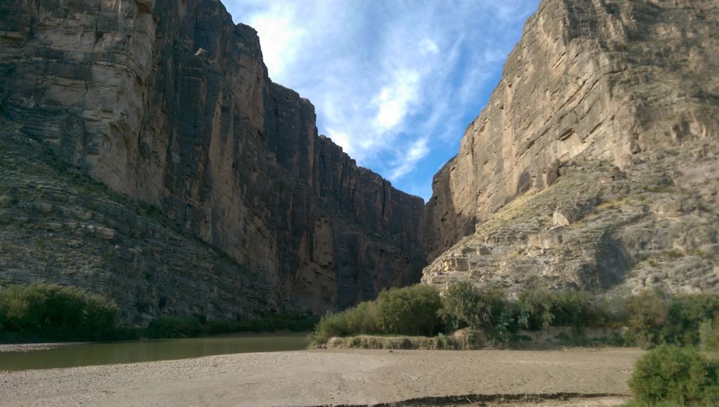 At the famous Santa Elena Canyon the Rio Grande River has incised through large limestone cliffs that were deposited in the Cretaceous interior seaway. The limestones form a frontal monocline that was deformed during the Laramide Orogeny.  