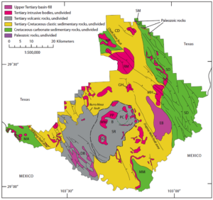 Geologic map of Big Bend National park showing the major rock units and structural elements. Map courtesy of the USGS.