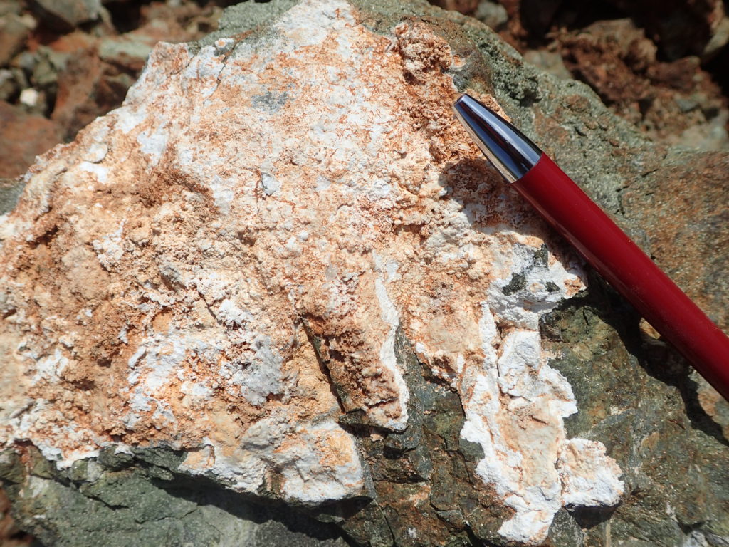 蛇纹岩(原岩为橄榄岩)和菱镁矿共生野外照片，可能指示了含二氧化碳水流体的地幔交代作用